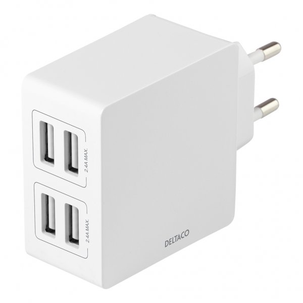 Deltaco Oplader med 4 USB-A-udtag 24W Hvid