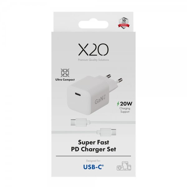 X2O Oplader med Kabel 1.2m 20W USB-C GaN Hvid