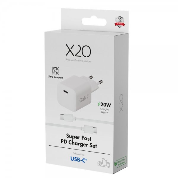 X2O Oplader med Kabel 1.2m 20W USB-C GaN Hvid