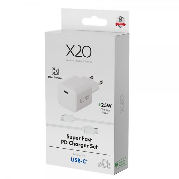 X2O Oplader med Kabel 1.2m 25W USB-C GaN Hvid