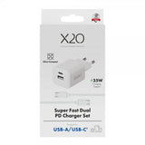 X2O Oplader med Kabel 1.2m 35W USB-C/USB-A GaN Hvid