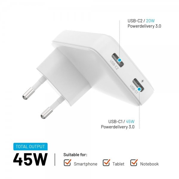 Fixed Oplader Slim GaN 45W 2xUSB-C