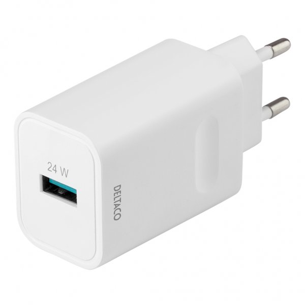 Deltaco Oplader Lynopladning 24W USB-A Hvid
