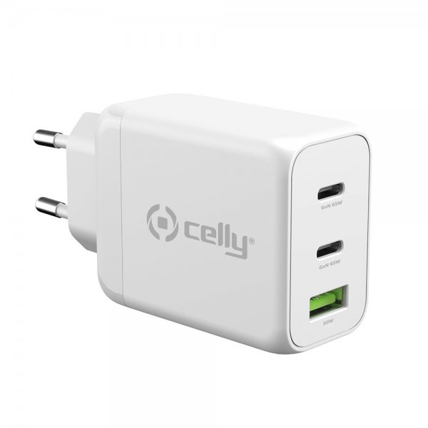 Celly Oplader TC3GAN65W 2xUSB-C/USB-A GaN 65W Hvid