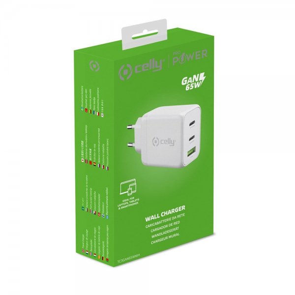 Celly Oplader TC3GAN65W 2xUSB-C/USB-A GaN 65W Hvid