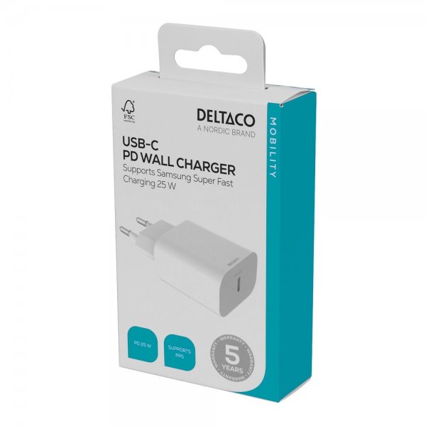 Deltaco Oplader USB-C PD Wall Charger 25W Hvid