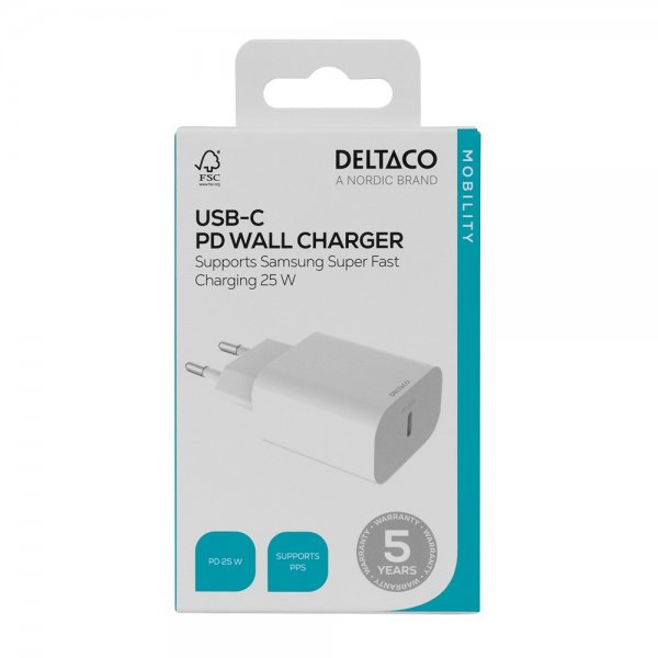 Deltaco Oplader USB-C PD Wall Charger 25W Hvid