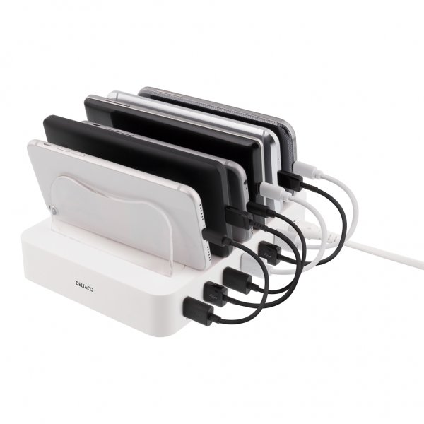 Deltaco Ladestation 50W 6xUSB-A Hvid