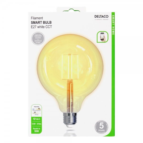 Deltaco Smart Home LED-pære Filament E27 WiFi G125 5.5W