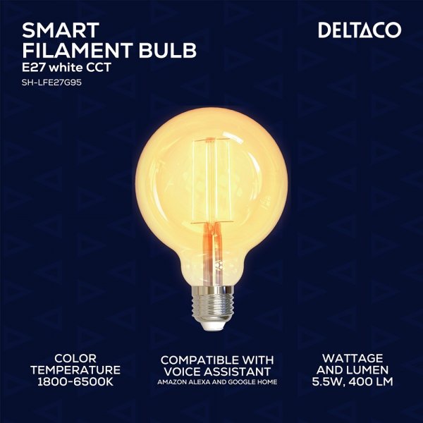 Deltaco Smart Home LED-pære Filament E27 WiFi G95 5.5W