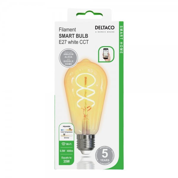 Deltaco Smart Home LED-pære Filament E27 WiFi ST64 Spiral 5.5W