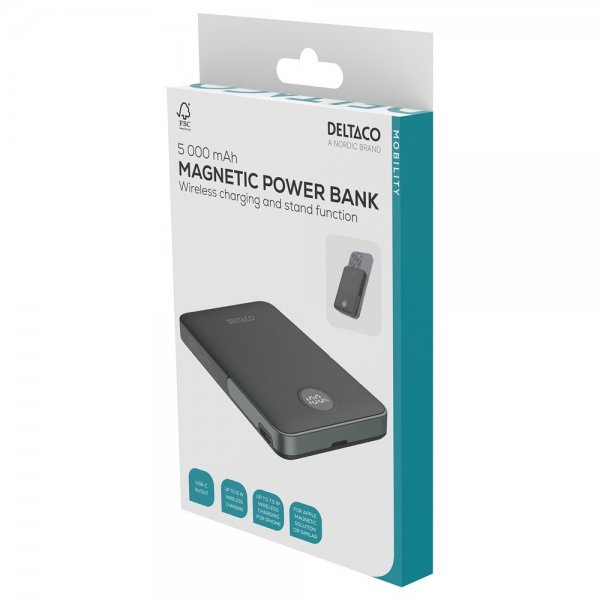 Deltaco MagSafe Powerbank med Stativ 5000 mAh 20W Sort