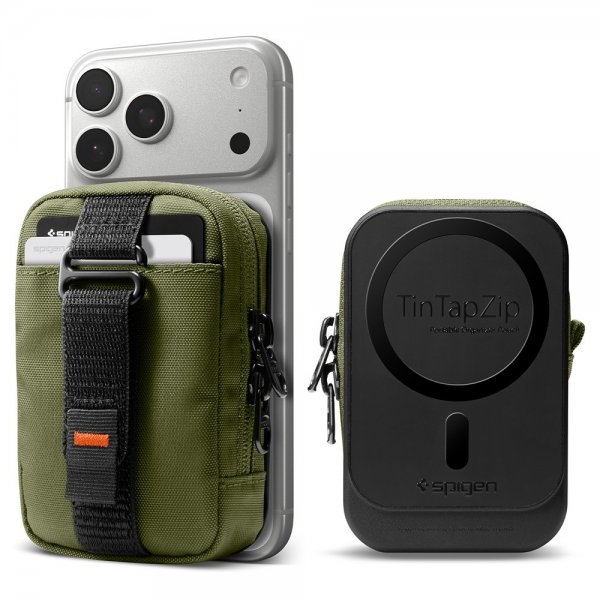 Spigen MagSafe Taske Bærbar Organizer Pouch Snap Zip MagFit Olivengrøn
