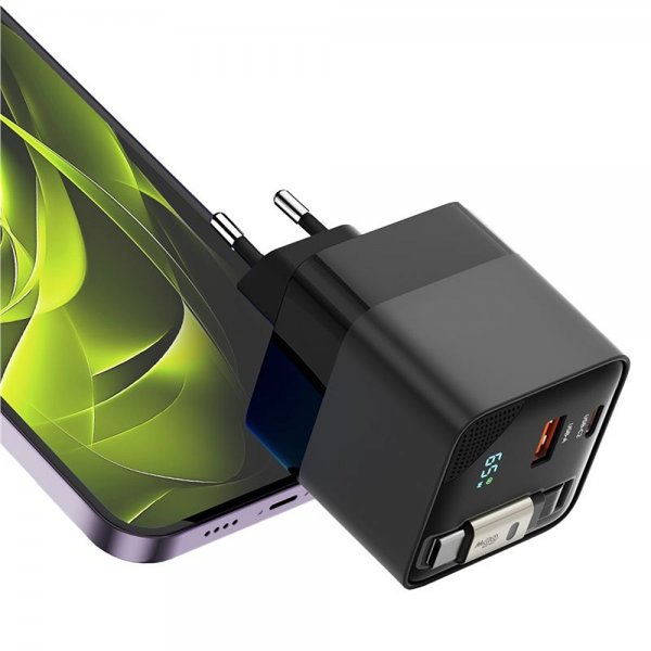 Mobile Origin Oplader med Display GaN 65W indbygget USB-C Kabel
