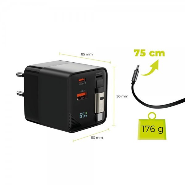 Mobile Origin Oplader med Display GaN 65W indbygget USB-C Kabel