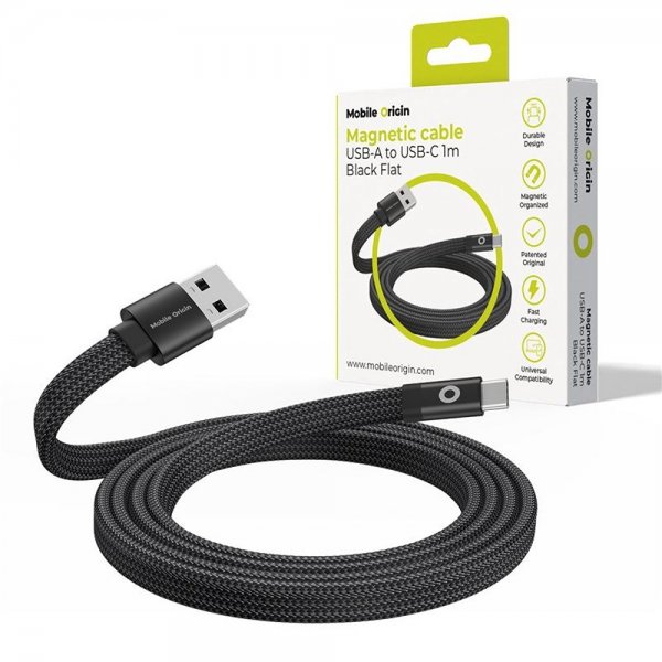 Mobile Origin Flad Kabel Magnetisk USB-A til USB-C 1m Sort