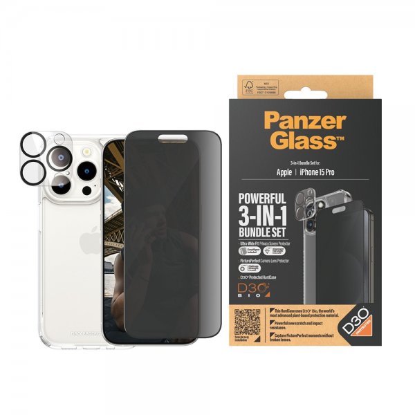 PanzerGlass iPhone 15 Pro 3-i-1 Bundlesæt Privacy