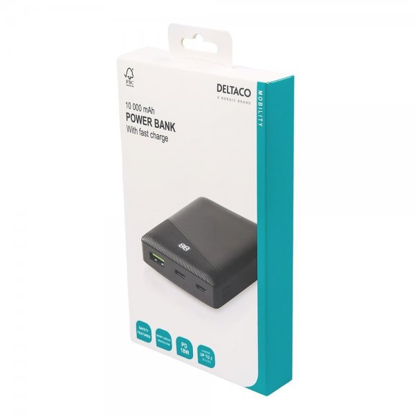 Deltaco Powerbank 10 000 mAh Fast Charge 18W Sort