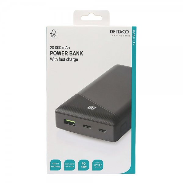 Deltaco Powerbank 20.000 mAh Hurtig Opladning 18W Sort