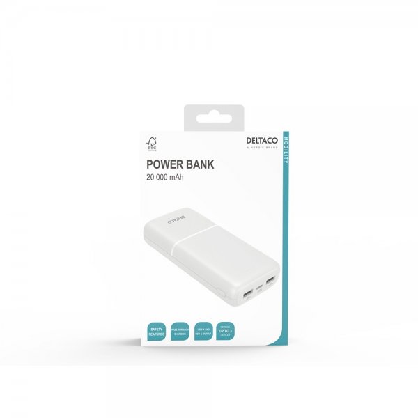 Deltaco Powerbank 20 000 mAh Hvid