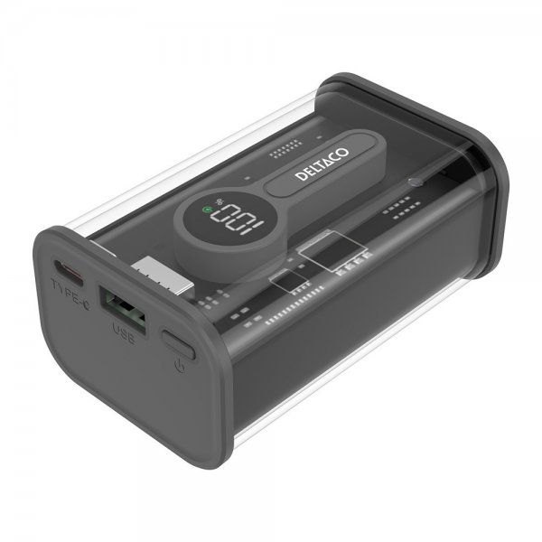Deltaco Powerbank Transparent 10.000 mAh Hurtig Opladning Sort