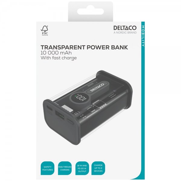 Deltaco Powerbank Transparent 10.000 mAh Hurtig Opladning Sort