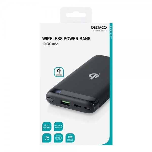 Deltaco Powerbank Wireless 10 000 mAh Sort