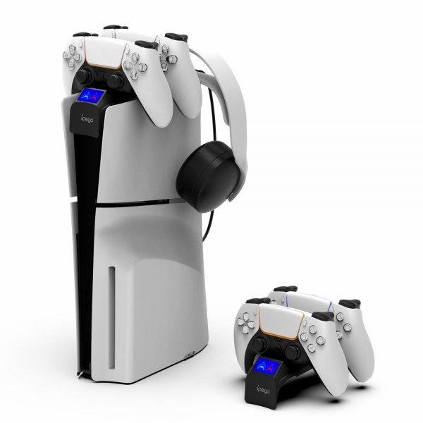 Ipega PS5 Slim Topmonteret Controller Oplader med Hovedtelefonholder