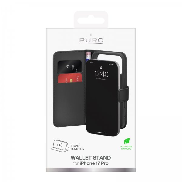 Puro iPhone 17 Pro Etui Wallet Stand Sort