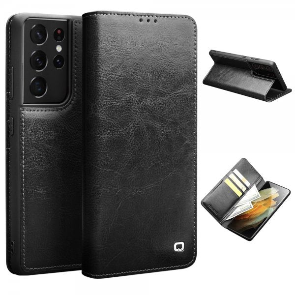 Qialino Samsung Galaxy S21 Ultra Cover Ægte Læder Sort