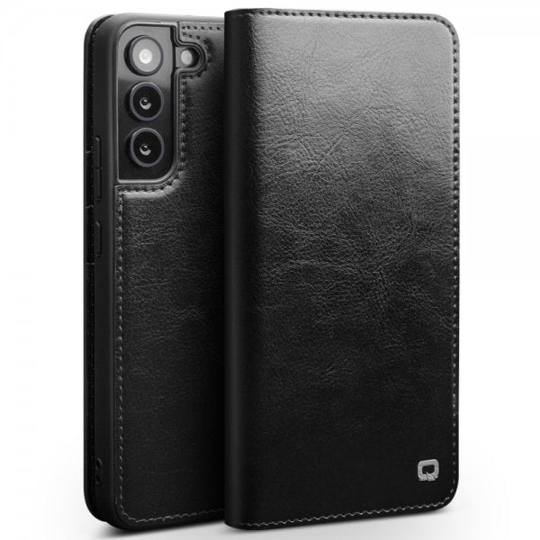 Qialino Samsung Galaxy S22 Cover Ægte læder Kortlomme Sort