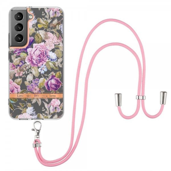 Samsung Galaxy S22 Plus Cover Blomstermønster med Rem Lilla Pæoner