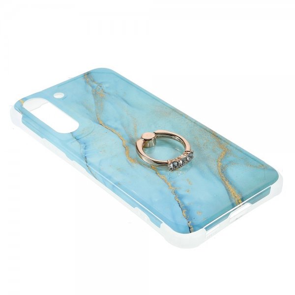 Samsung Galaxy S22 Plus Cover med Ring Marmormønster Lyseblå