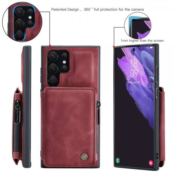 CaseMe Samsung Galaxy S22 Ultra Cover C20 Kortlomme Lynlås Rød