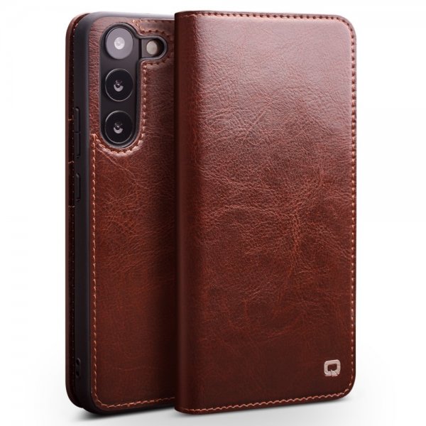 Qialino Samsung Galaxy S23 Etui Ægte læder Kortplads Brun