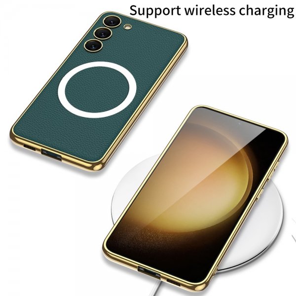 GKK Samsung Galaxy S23 Plus Cover Litchi-mønster Plating Kant MagSafe Grøn