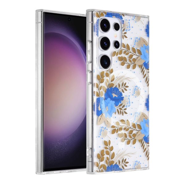 Samsung Galaxy S23 Ultra Cover Blomstermønster MagSafe Blå Guld