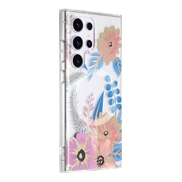 Samsung Galaxy S23 Ultra Cover Blomstermønster MagSafe Rosa Blå