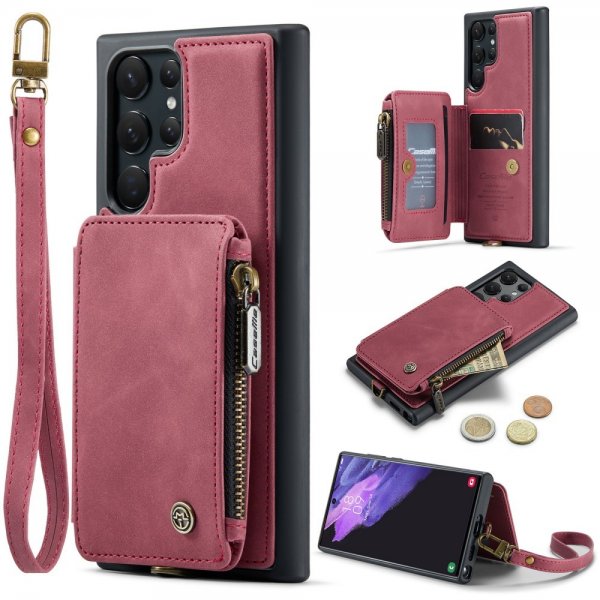 CaseMe Samsung Galaxy S23 Ultra Cover C20 Kortlomme Lynlås Rød