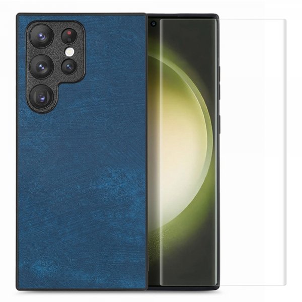 Enkay Samsung Galaxy S23 Ultra Cover med Skærmbeskytter Lædertekstur Blå