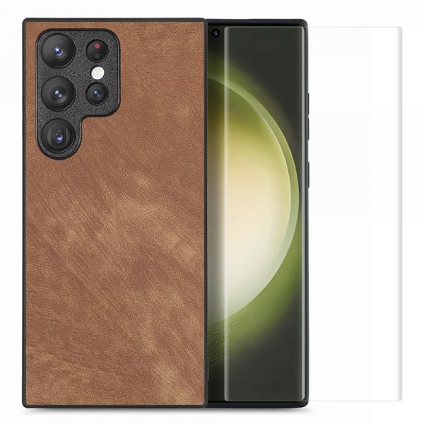 Enkay Samsung Galaxy S23 Ultra Cover med Skærmbeskyttelse Lædertekstur Brun