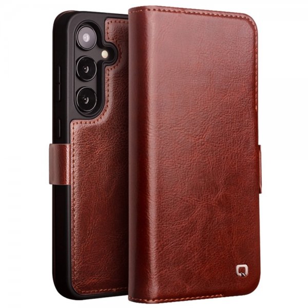Qialino Samsung Galaxy S24 Etui Ægte læder Kortplads Brun