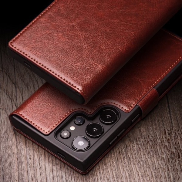 Qialino Samsung Galaxy S24 Ultra Cover Ægte Læder Kortlomme Brun