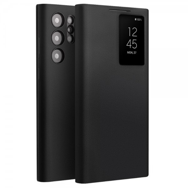 Qialino Samsung Galaxy S24 Ultra Etui View Window Ægte Læder Sort