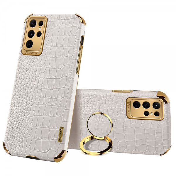 Samsung Galaxy S24 Ultra Cover Krokodillemønster Fingerring Hvid