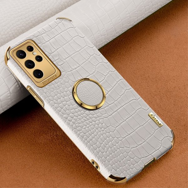 Samsung Galaxy S24 Ultra Cover Krokodillemønster Fingerring Hvid