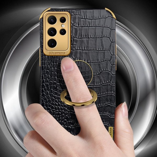 Samsung Galaxy S24 Ultra Cover Krokodillemønster Fingerring Hvid