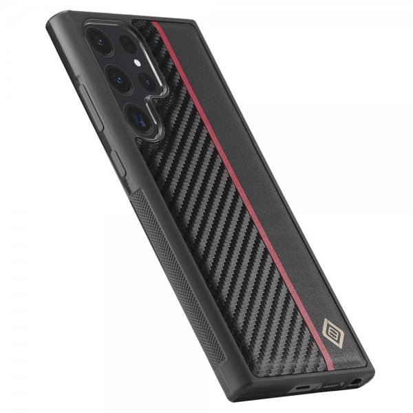Lc.Imeeke Samsung Galaxy S24 Ultra Cover Kulfibertekstur Rød Stribe Sort