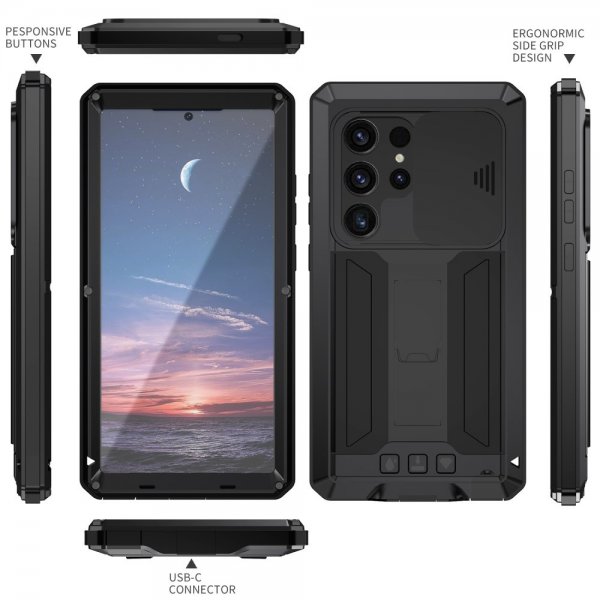 R-JUST Samsung Galaxy S24 Ultra Cover Metal Stødsikker Kamerabeskyttelse Sort