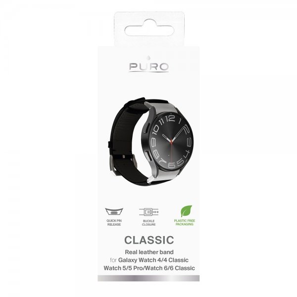 Puro Samsung Galaxy Watch 20 mm Armbånd Læder Rem Sort